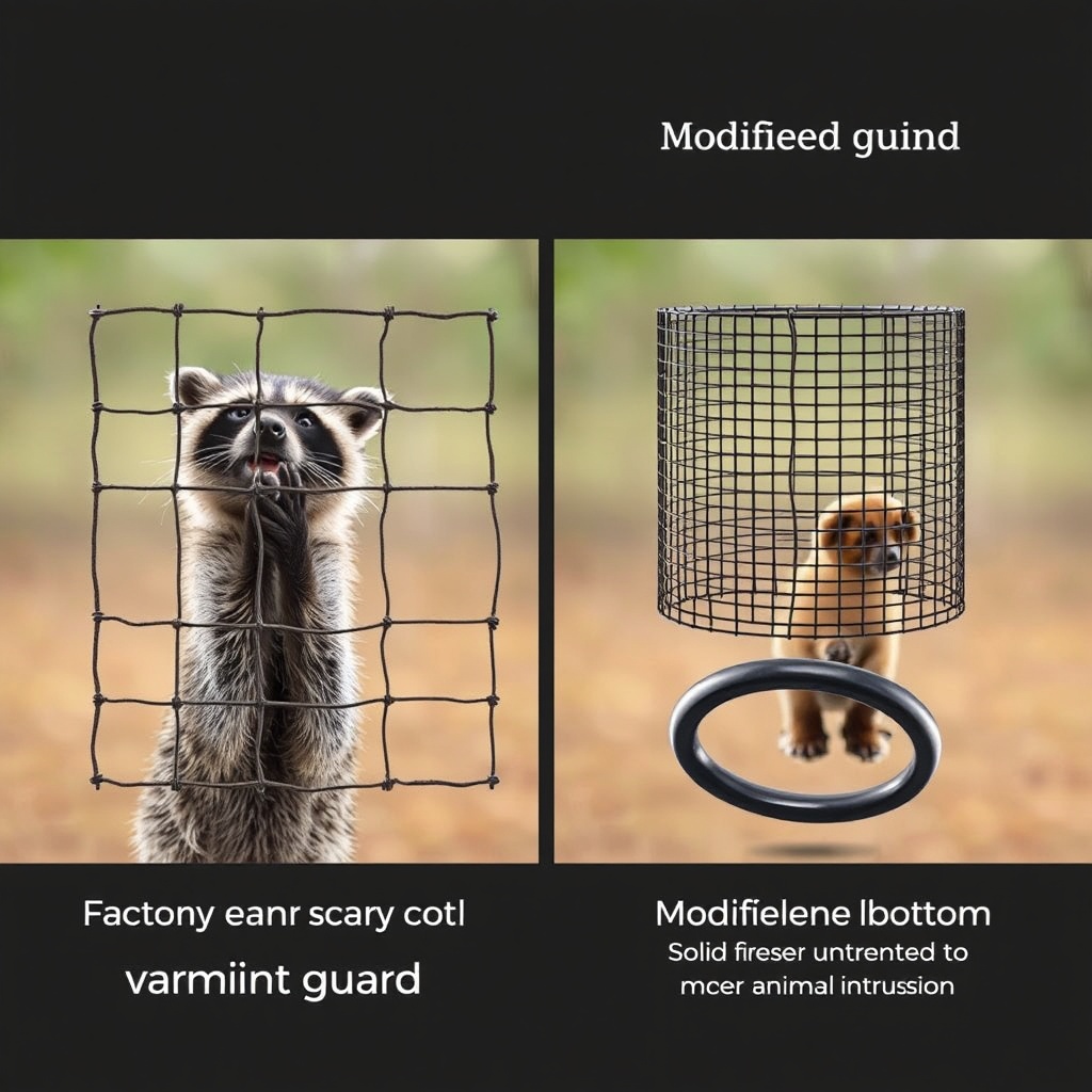 A photorealistic side-by-side illustration one side shows the factory varmint guard with a