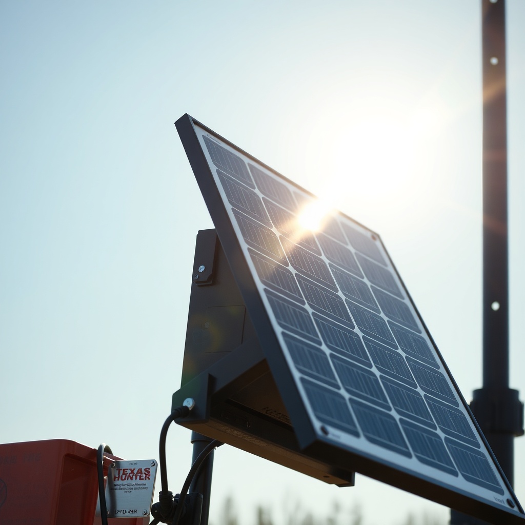 A close-up photorealistic shot of a 15-watt monocrystalline solar panel mounted on the sid