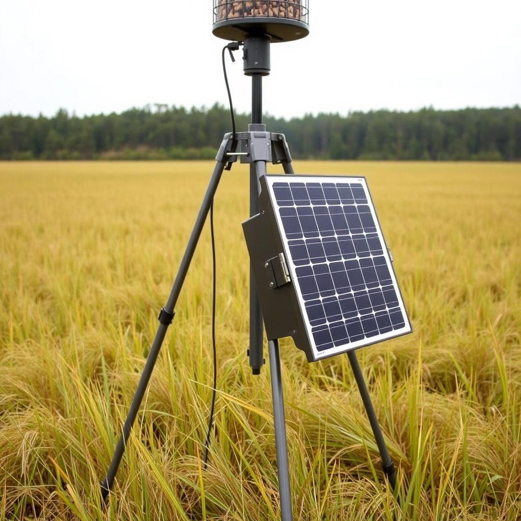 A photorealistic wide-angle photo showing a Texas Hunter 450lb tripod feeder in a grassy f