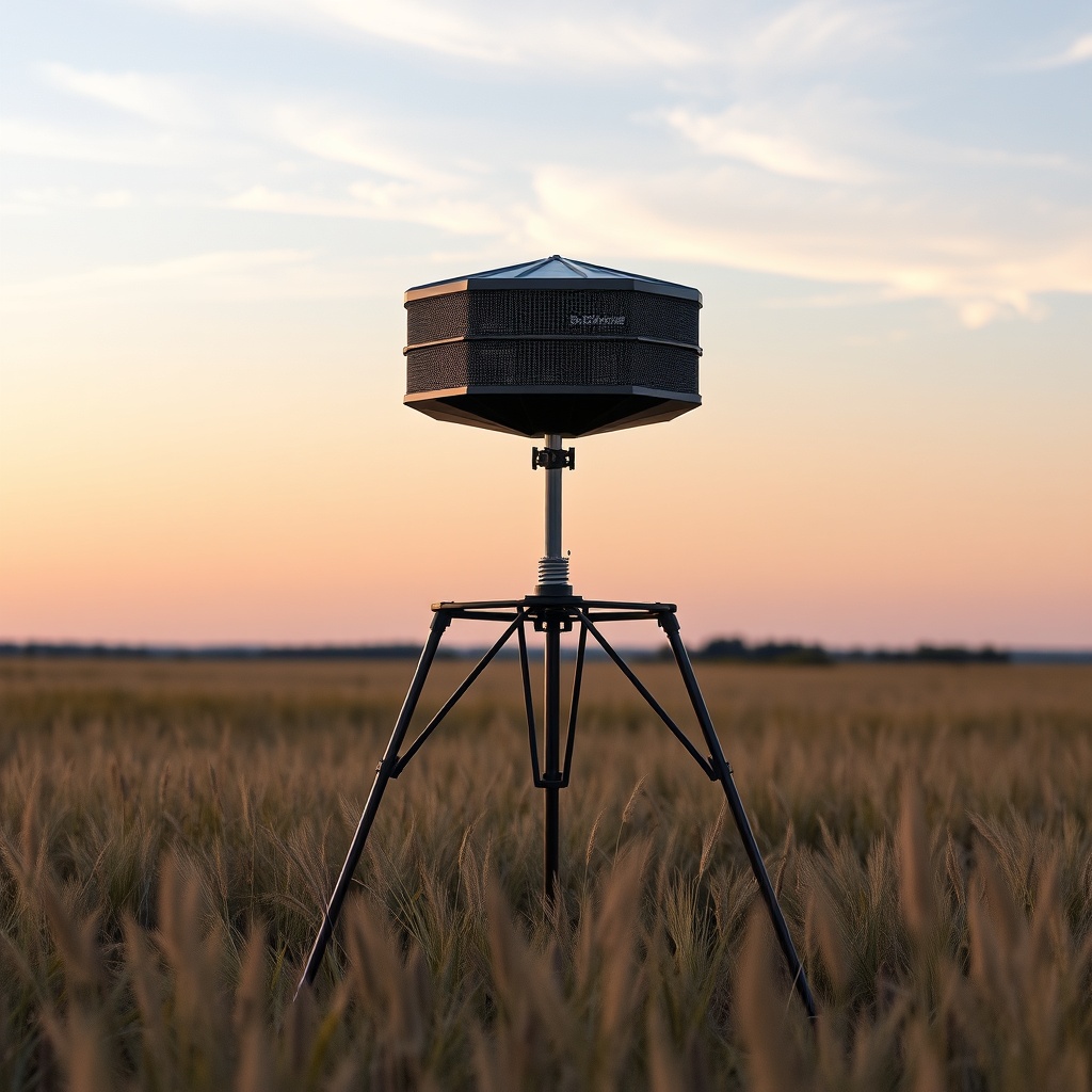 A photorealistic photograph of a Texas Hunter 450lb tripod feeder standing in an open fiel