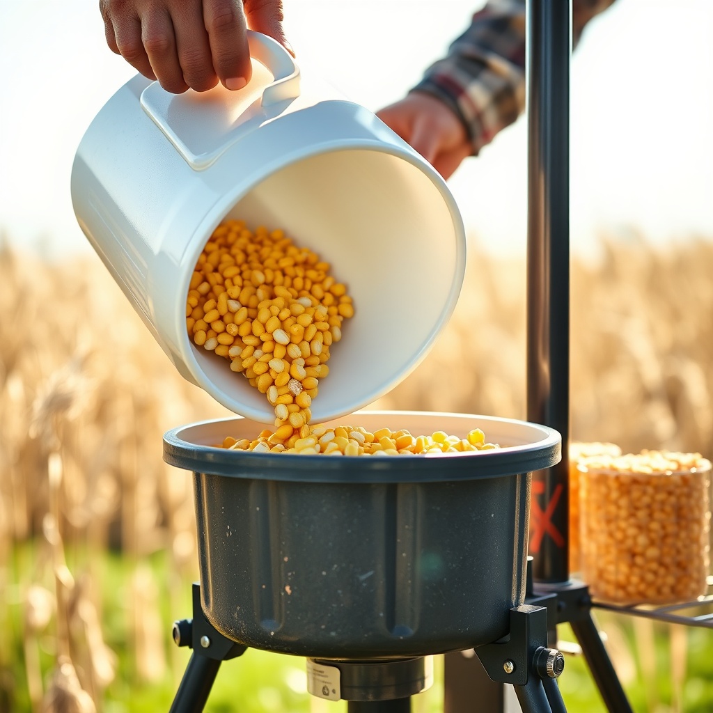 A close-up photorealistic image of a person pouring whole corn from a five-gallon bucket i
