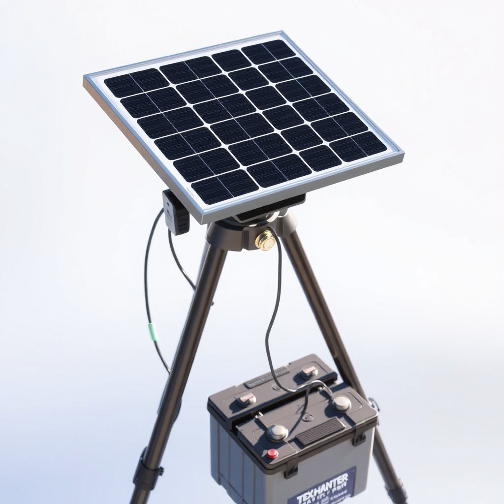 High-angle photo of a Texas Hunter 450lb tripod feeder with a 10W solar panel mounted on t