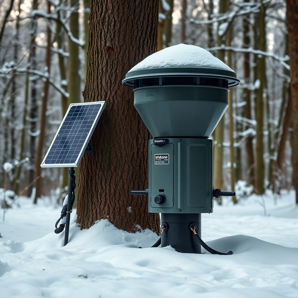 A photorealistic outdoor image of a Wildgame Mirage 200lb feeder set up in a snowy wooded
