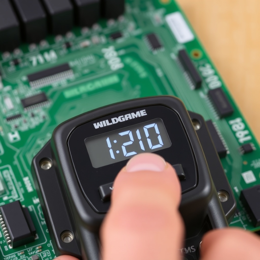 Close-up shot of a hand pressing the SET button on the Wildgame Mirage 200lb digital timer