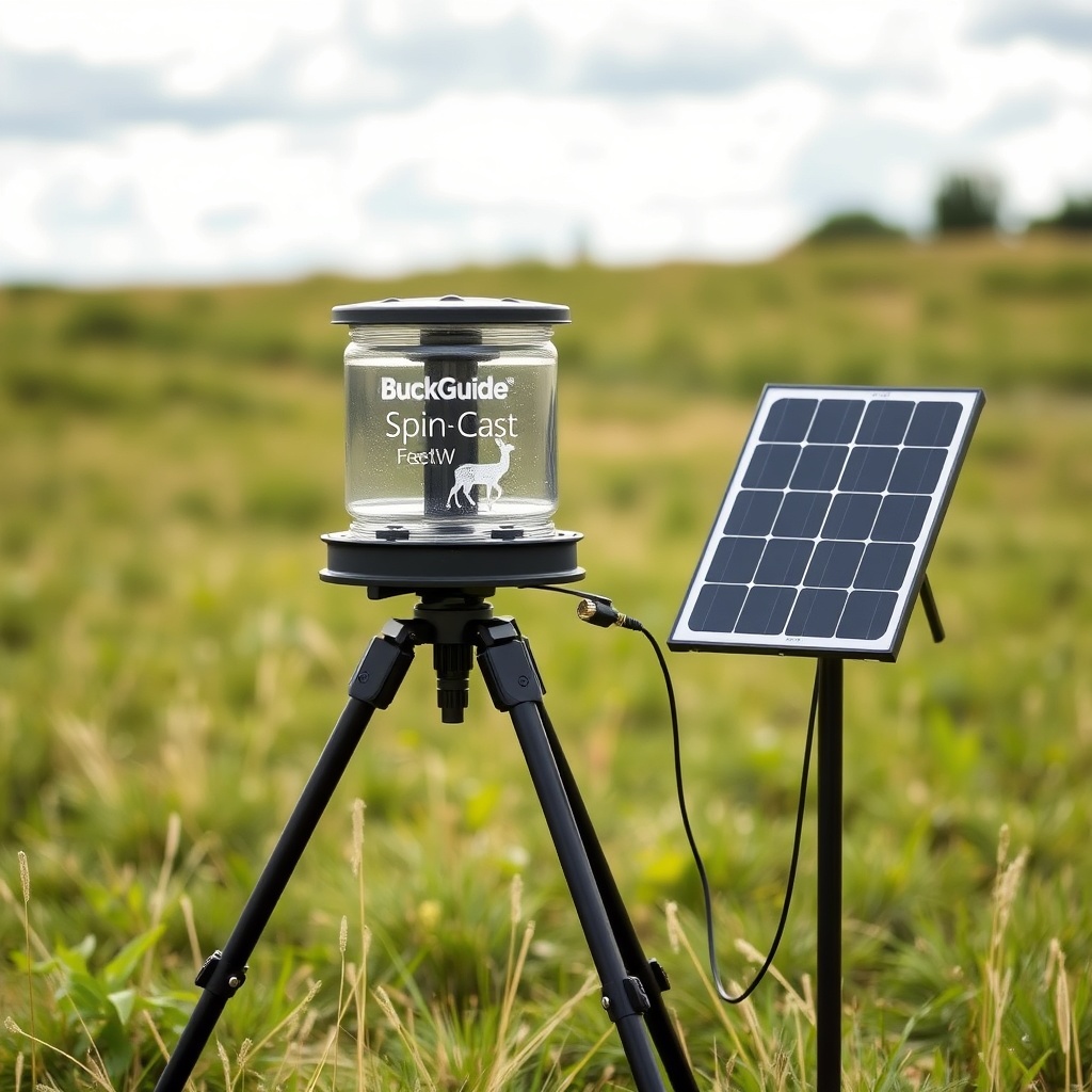 A clean photorealistic photo of a BuckGuide 300lb Spin-Cast Feeder mounted on a tripod