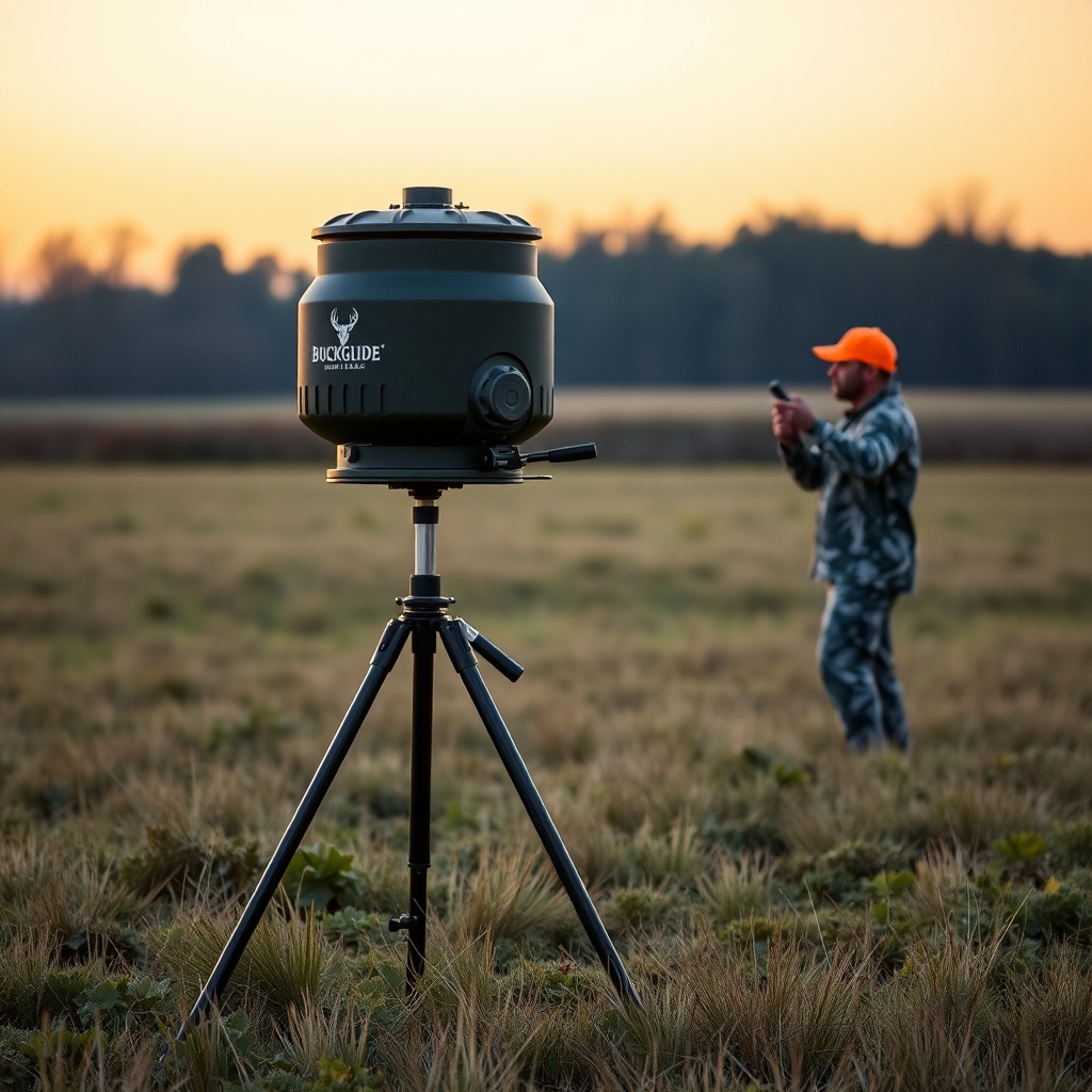 A photorealistic wide shot of a BuckGuide 300lb Spin-Cast Feeder mounted on a steel tripod