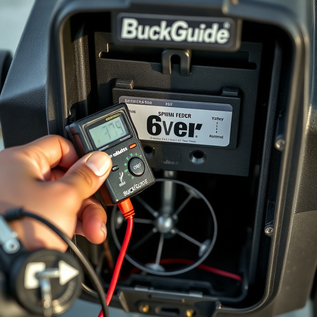 A photorealistic close-up of a hand holding a 6V voltmeter probe touching the battery term