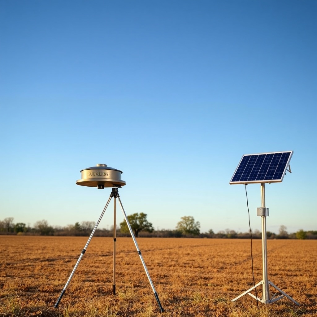 A clean photorealistic photo of a BuckGuide 300lb Spin-Cast Feeder mounted on a galvanized