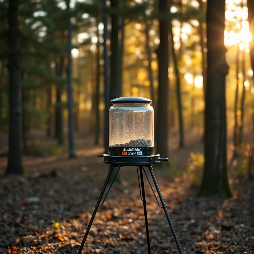 A photorealistic photo of a BuckGuide 300lb Spin-Cast Feeder mounted on a steel leg stand