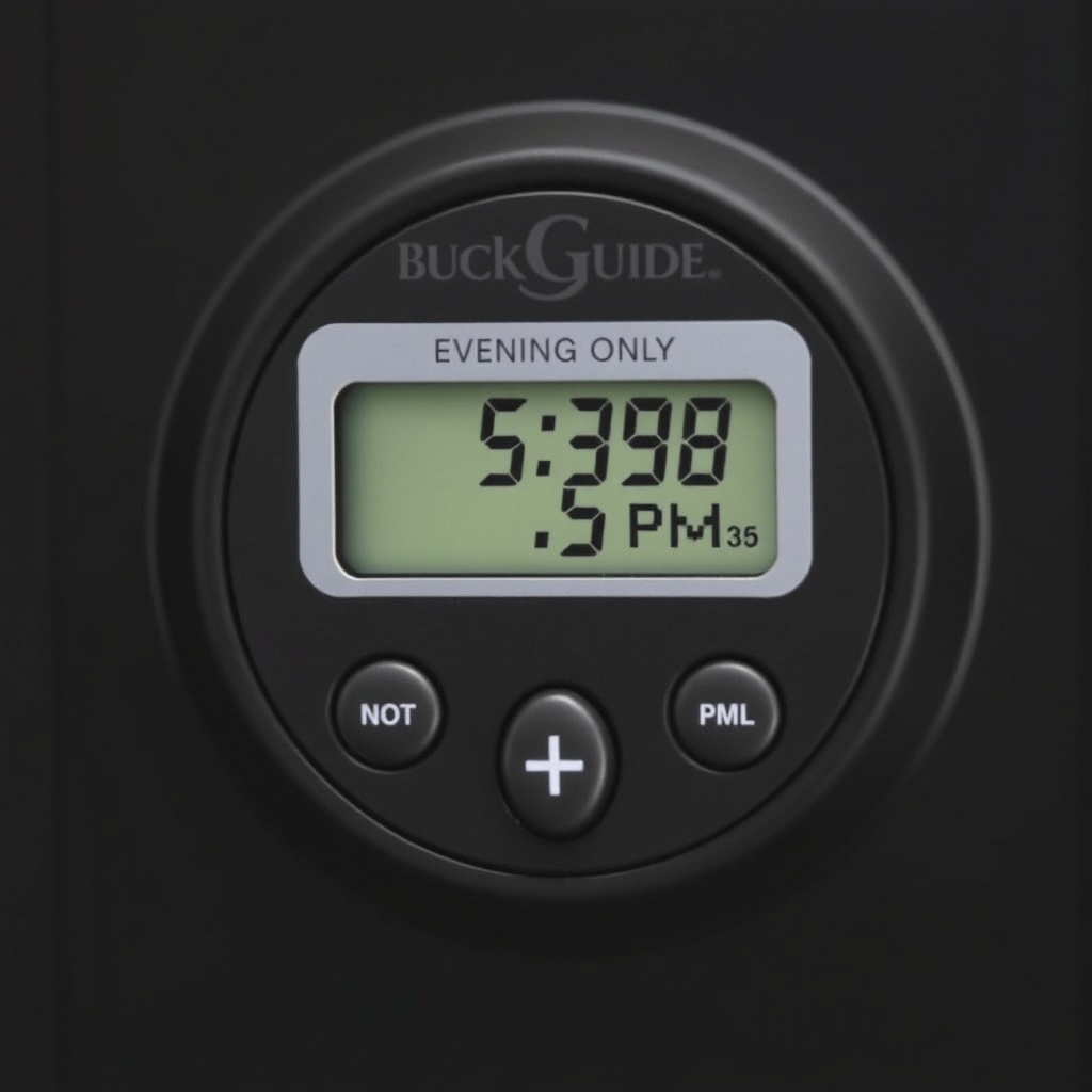 A photorealistic close-up photo of the BuckGuide 300lb timer control panel with buttons an