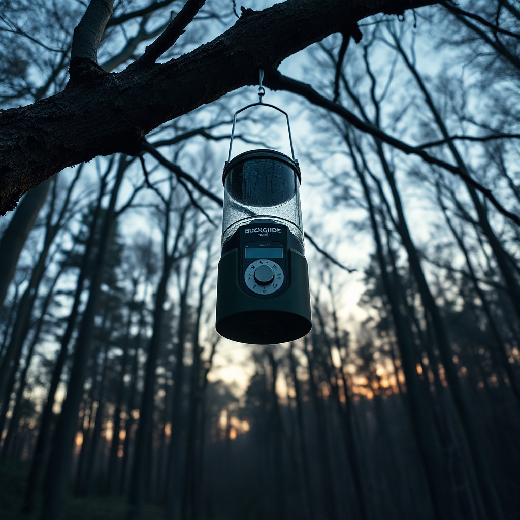 <A photorealistic wide-angle shot of a BuckGuide 300lb Spin-Cast Feeder hanging from a hea