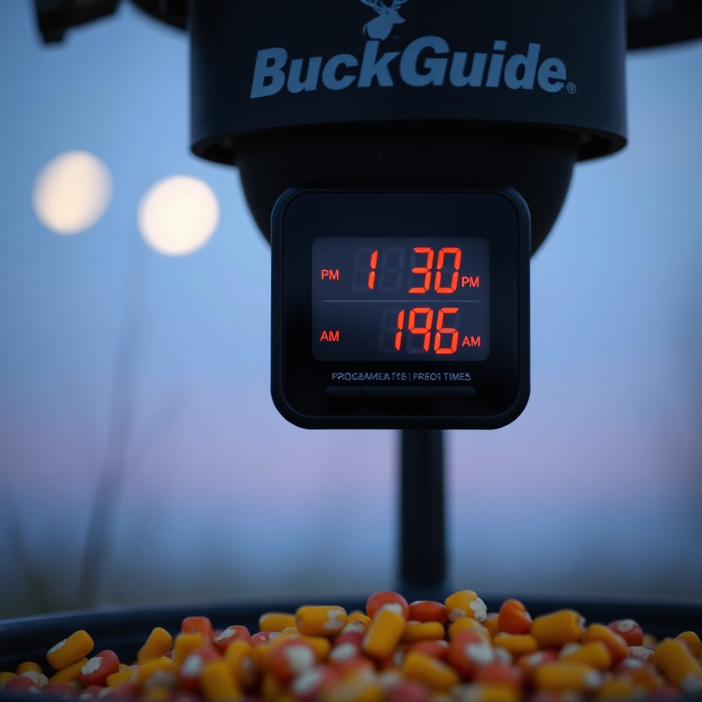 <A photorealistic close-up of a digital timer on a BuckGuide feeder showing 9:30 PM and 12