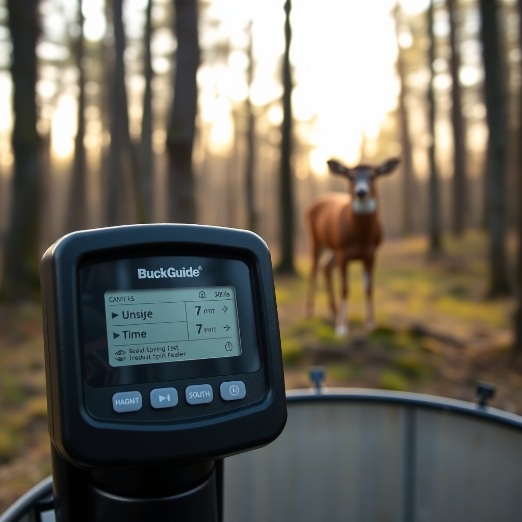 A close-up photorealistic photo of a BuckGuide 300lb Spin-Cast Feeder timer control panel