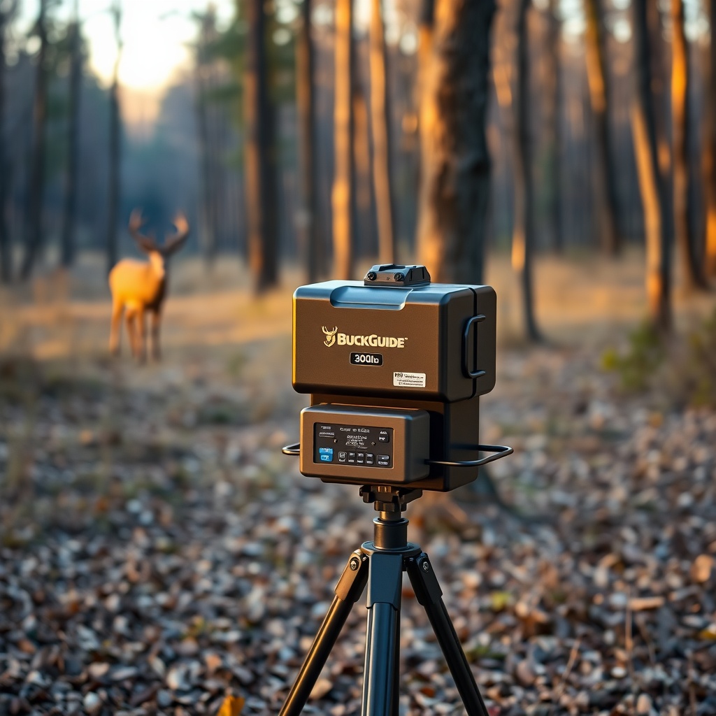 A photorealistic photo of a BuckGuide 300lb Spin-Cast Feeder mounted on a steel tripod in