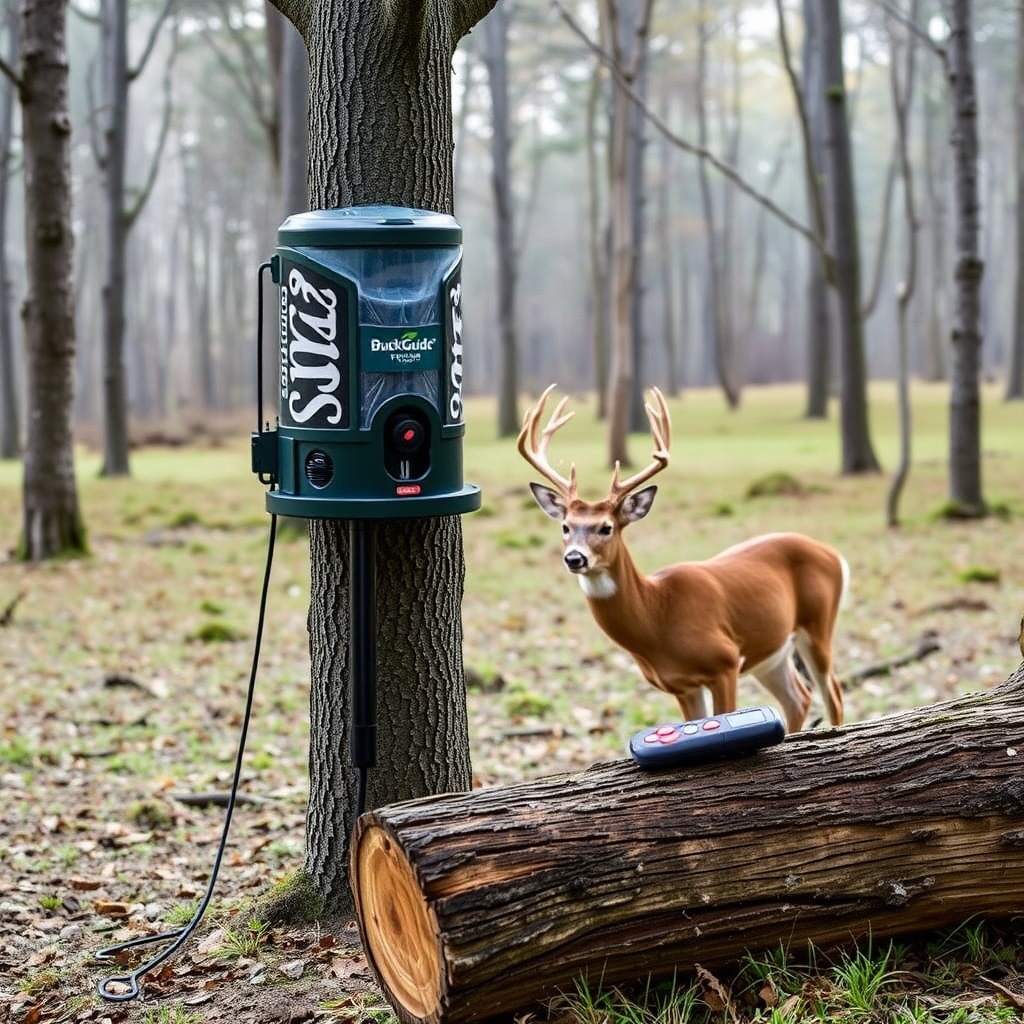 A BuckGuide 300lb Spin-Cast Feeder mounted on a tree in a forest clearing