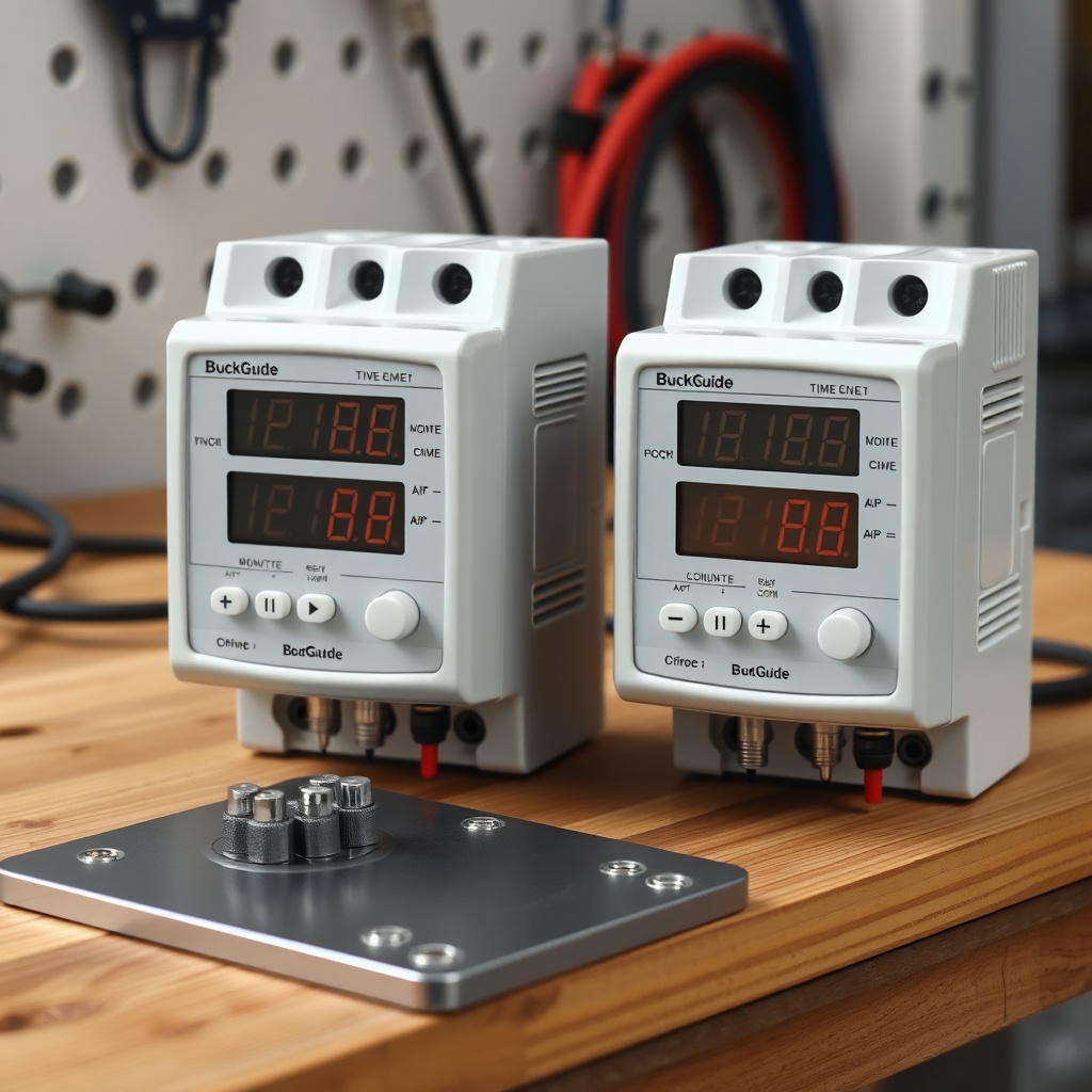 <clean photorealistic photo of two digital timers side by side on a wooden workbench with