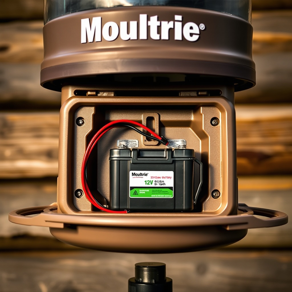 A photorealistic close-up of a Moultrie 30-Gallon Pro Hunter feeder showing the battery co
