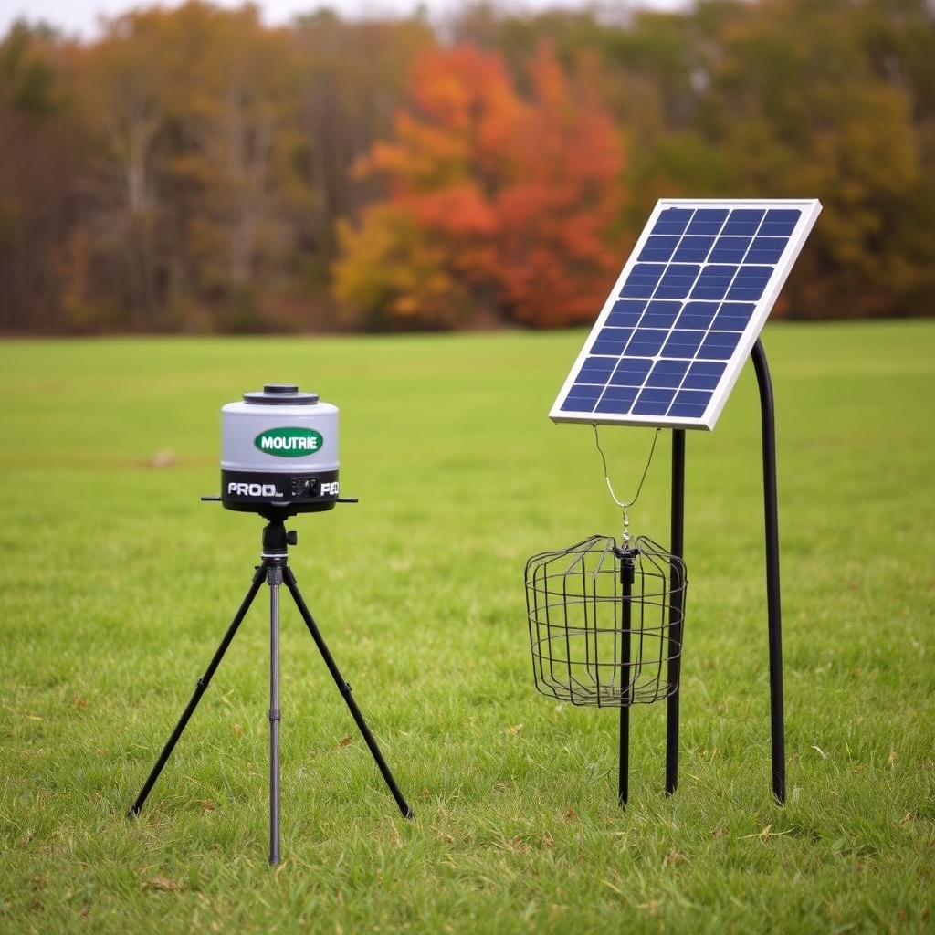 A photorealistic outdoor photo of a Moultrie 30-Gallon Pro Hunter feeder mounted on a trip