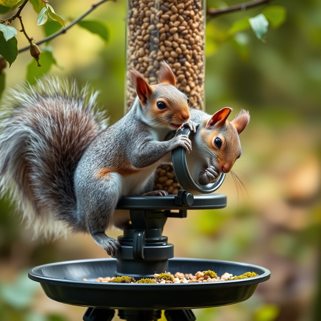 A photorealistic close-up view of a grey squirrel perched on the feed tube of a BuckGuide