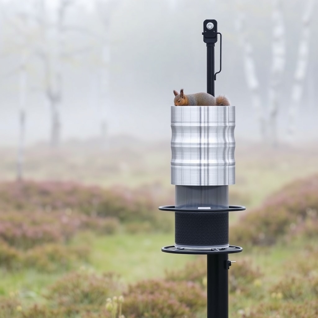 A photorealistic photo of a BuckGuide 300lb Spin-Cast Feeder mounted on a single steel pos