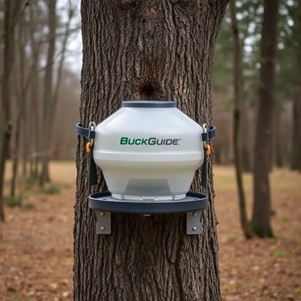 A photorealistic photo of a BuckGuide 300lb Spin-Cast Feeder mounted securely to a large o