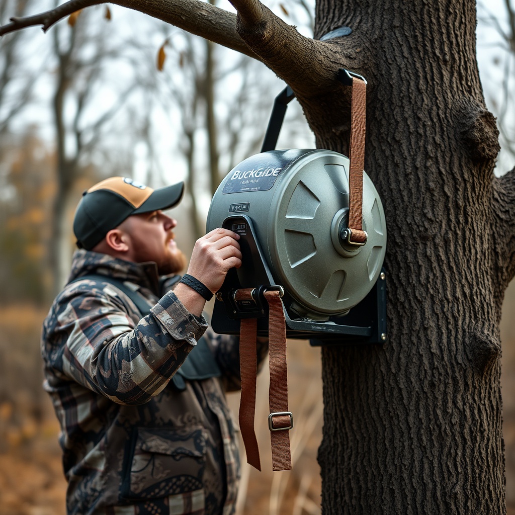 A photorealistic photo of a hunter checking a BuckGuide 300lb Spin-Cast Feeder mounted to
