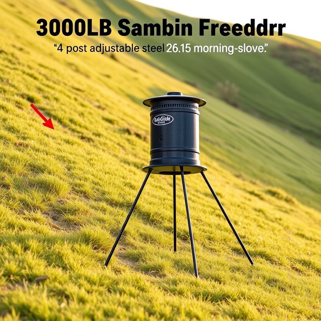 A photorealistic photo of a BuckGuide 300lb Spin-Cast Feeder mounted on a steep grassy hil