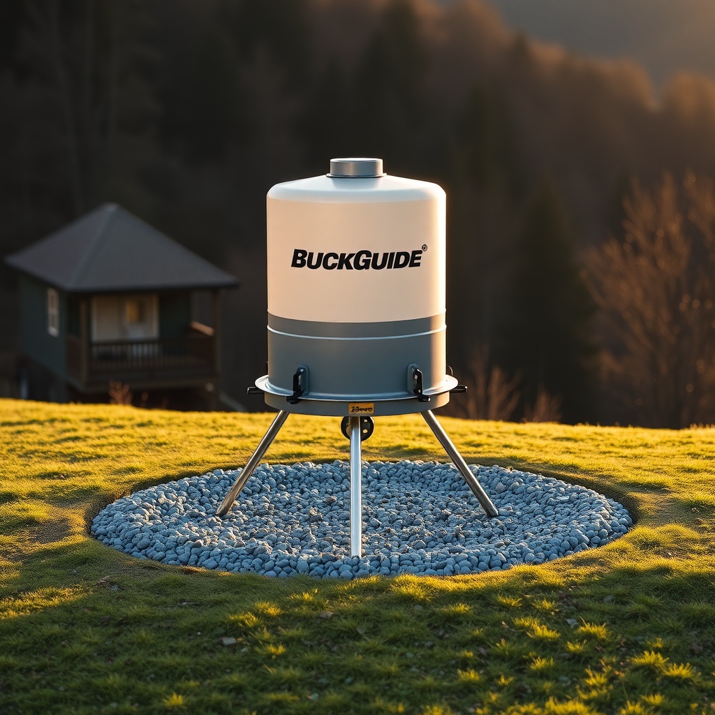 A photorealistic photo of a BuckGuide 300lb Spin-Cast Feeder with its legs set in a gravel
