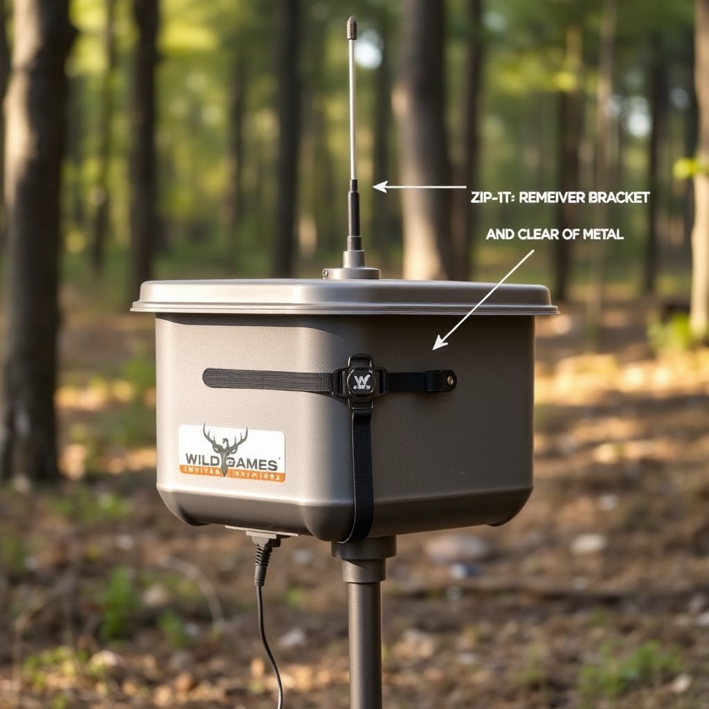 <photorealistic photo of a Wildgame Innovations Mirage 200lb feeder with the remote bracke