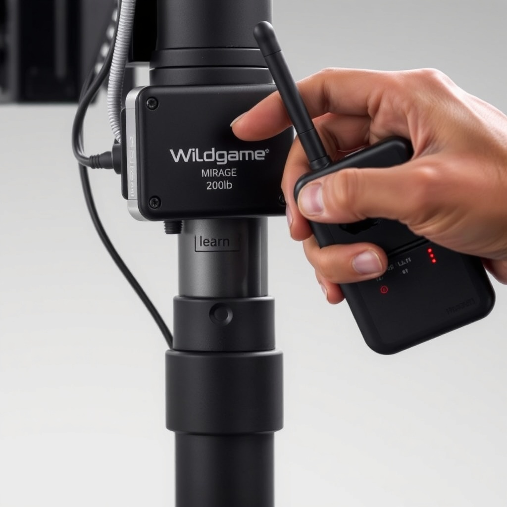 <photorealistic close-up illustration of a person pressing the "learn" button on a Wildgam