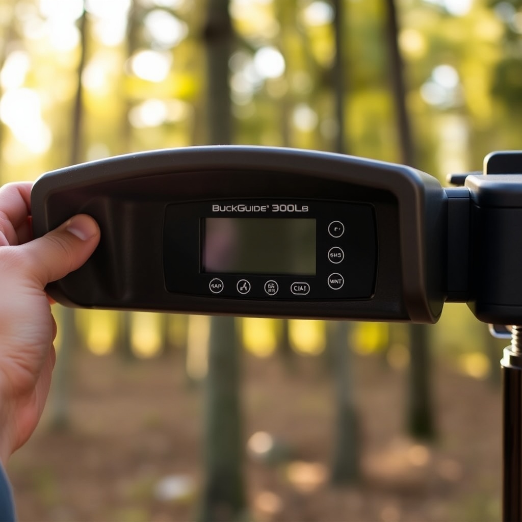 Close-up of a hand lifting the rubber cover on a BuckGuide 300lb Spin-Cast Feeder control