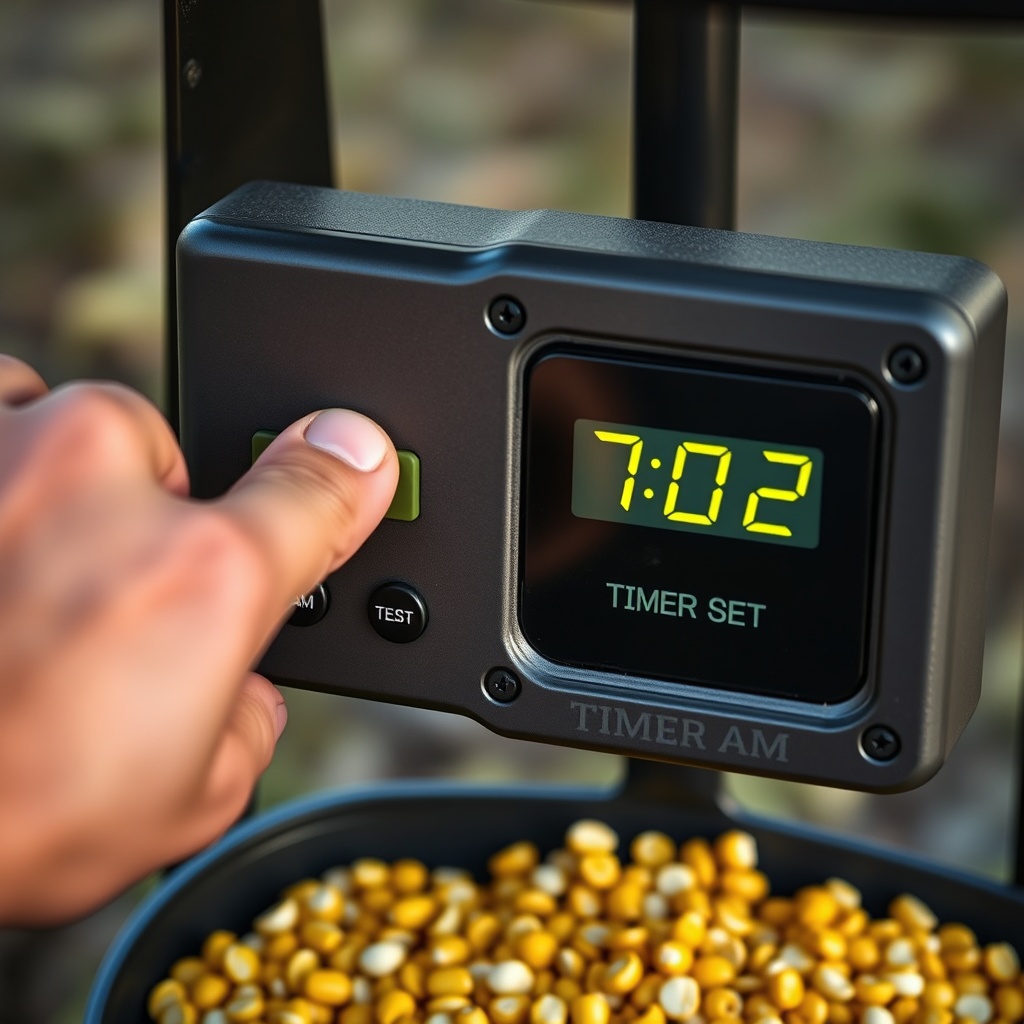 A deer feeder timer panel with LCD showing "TIMER SET" and current time 7:02 AM
