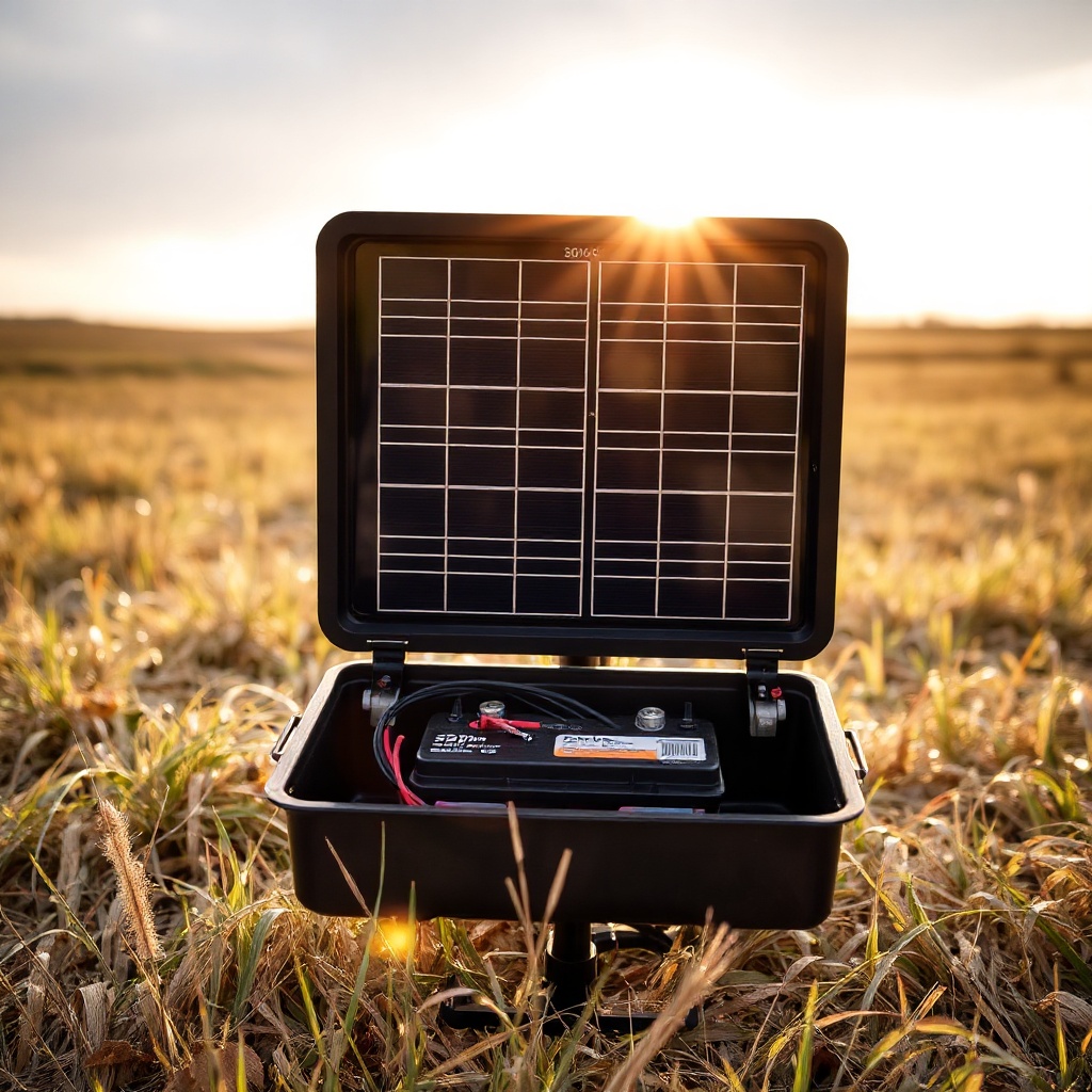 A BuckGuide 300lb Spin-Cast Feeder sitting in a sunlit field with the solar panel angled t
