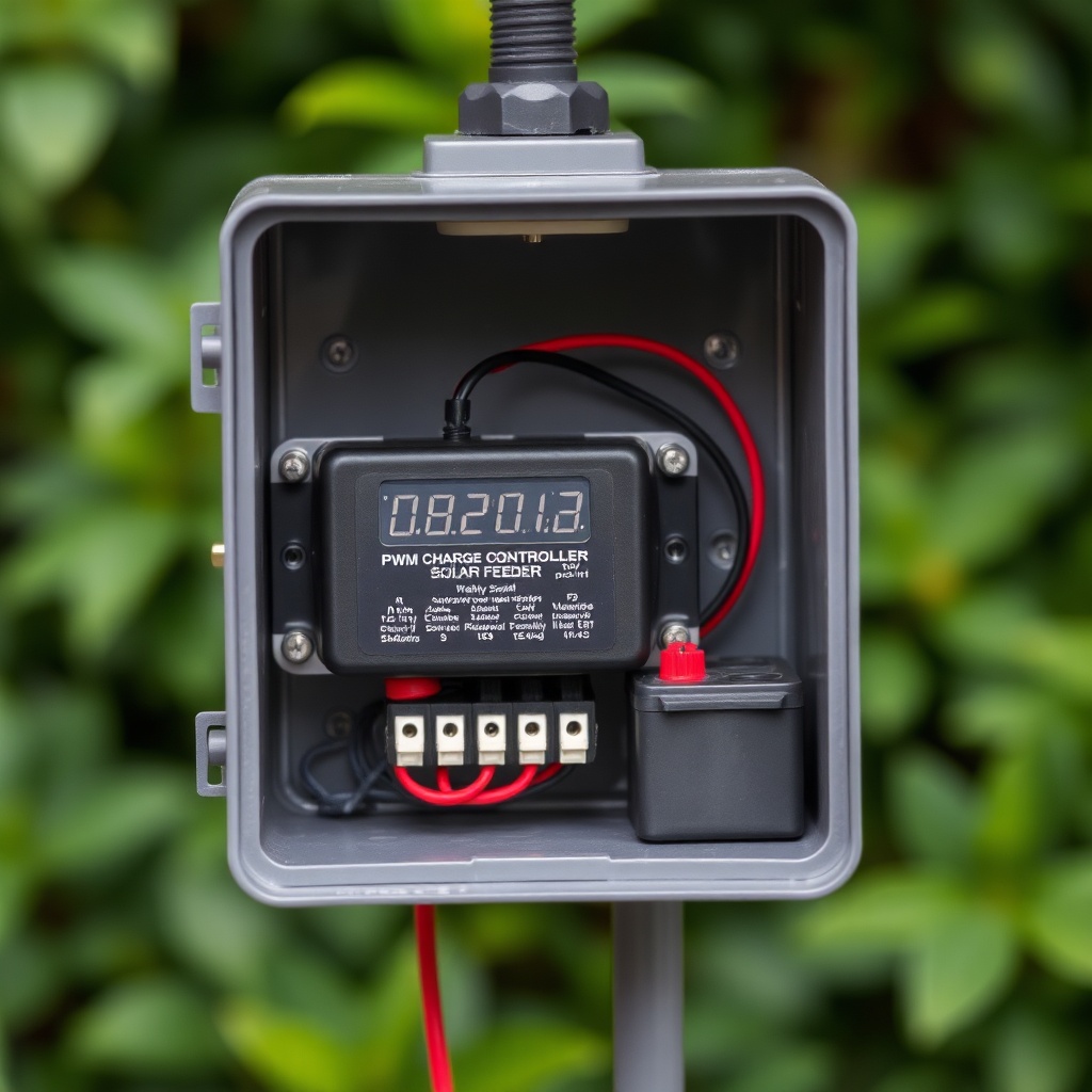 A close-up of a PWM charge controller connected to a small solar panel and a 12V battery i
