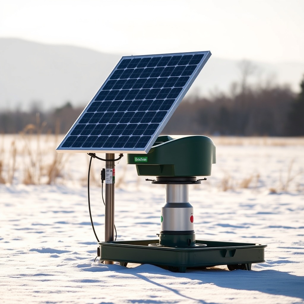 <A photorealistic photo of a BuckGuide 300lb Spin-Cast Feeder with a solar panel mounted o