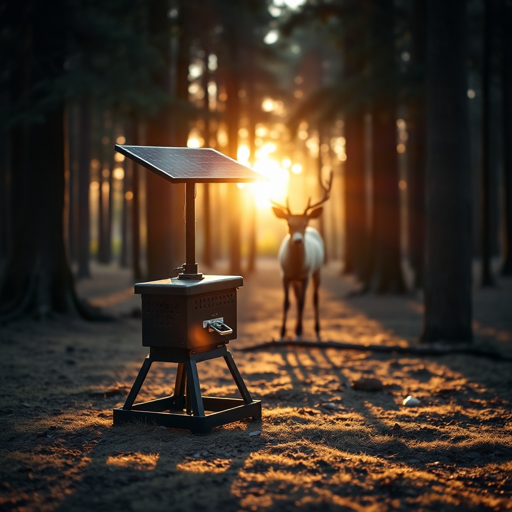 <clean photorealistic photo/illustration of a Wildgame Innovations Mirage 200lb feeder pos