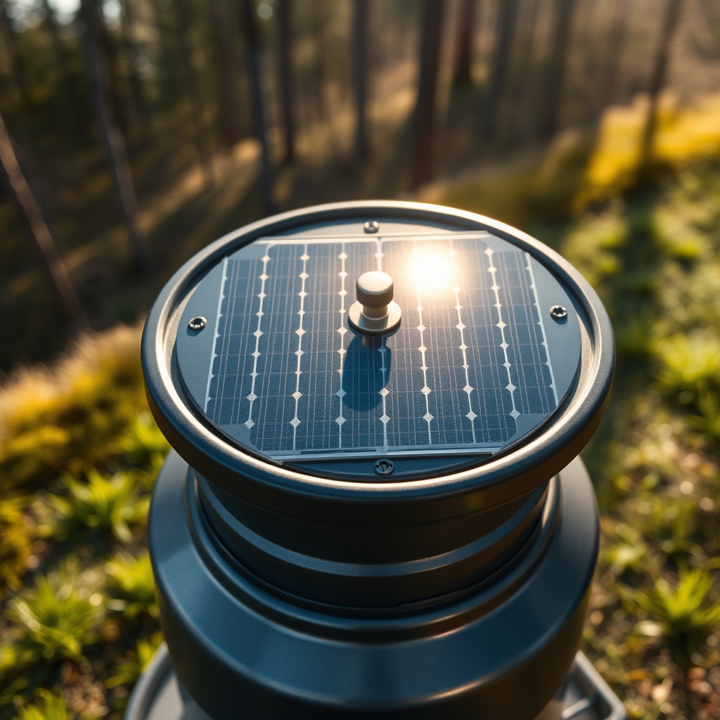 Photorealistic top-down view of a BuckGuide 300lb Spin-Cast Feeder with a 10-watt solar pa