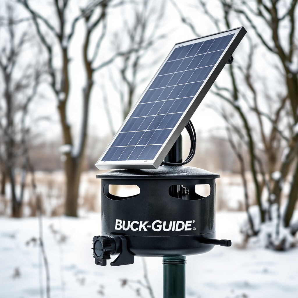 A photorealistic close-up of a BuckGuide 300lb Spin-Cast Feeder with its solar panel tilte
