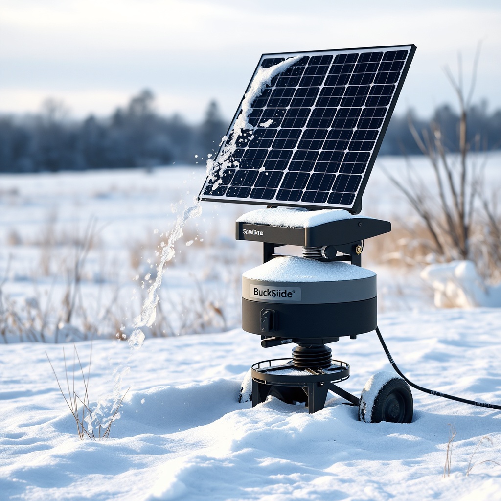 A photorealistic image of a BuckGuide 300lb Spin-Cast Feeder in a winter landscape with so