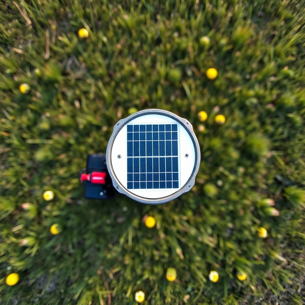 Photorealistic overhead shot of a BuckGuide 300lb Spin-Cast Feeder with a 15-watt solar pa