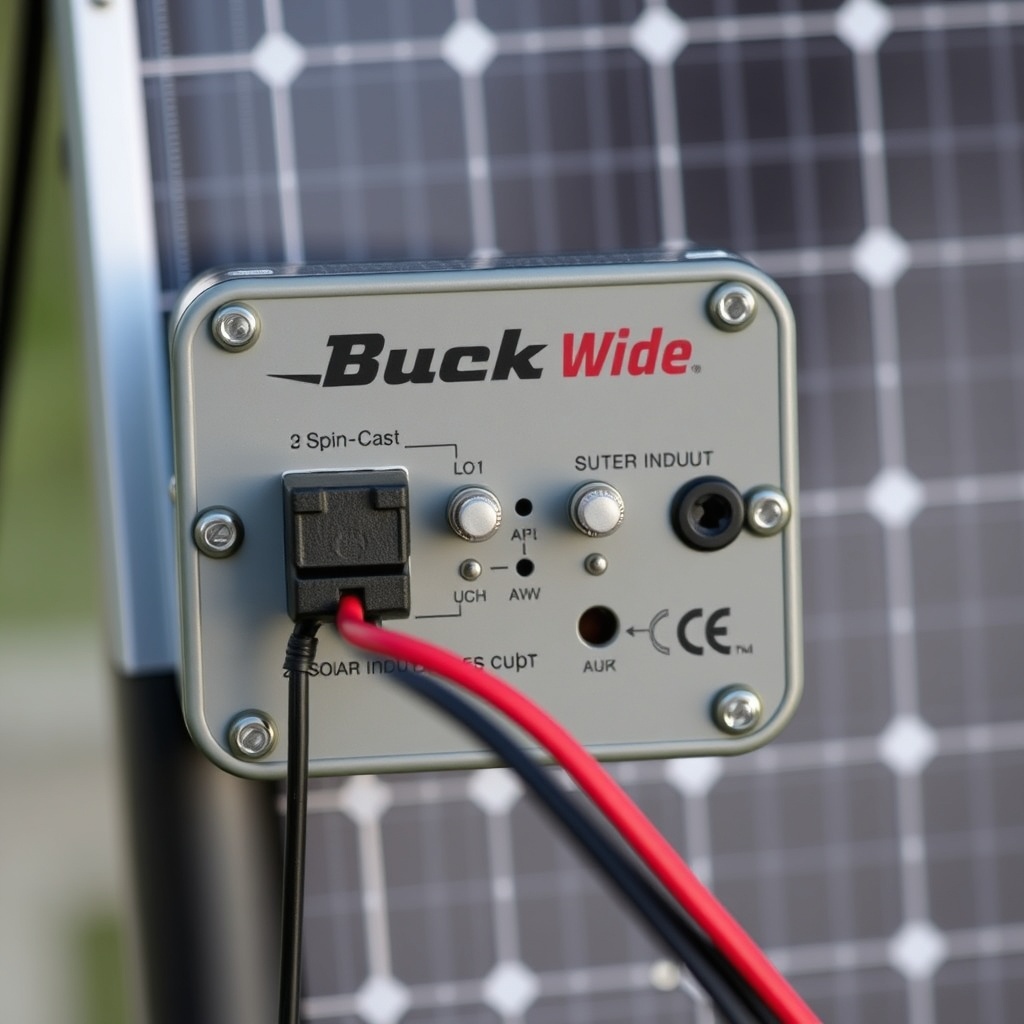 Photorealistic close-up of a BuckGuide 300lb Spin-Cast Feeder's control board with red and