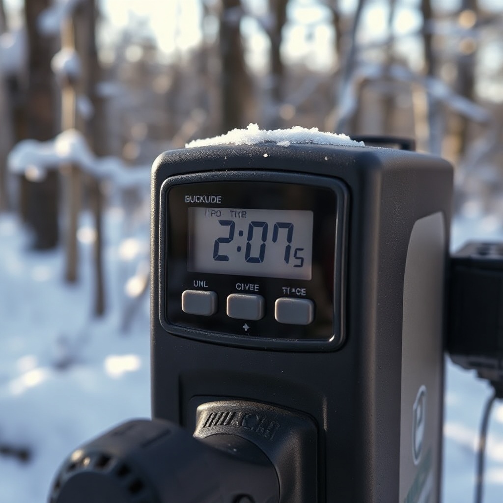 A photorealistic macro shot of the BuckGuide 300lb Spin-Cast Feeder control panel showing