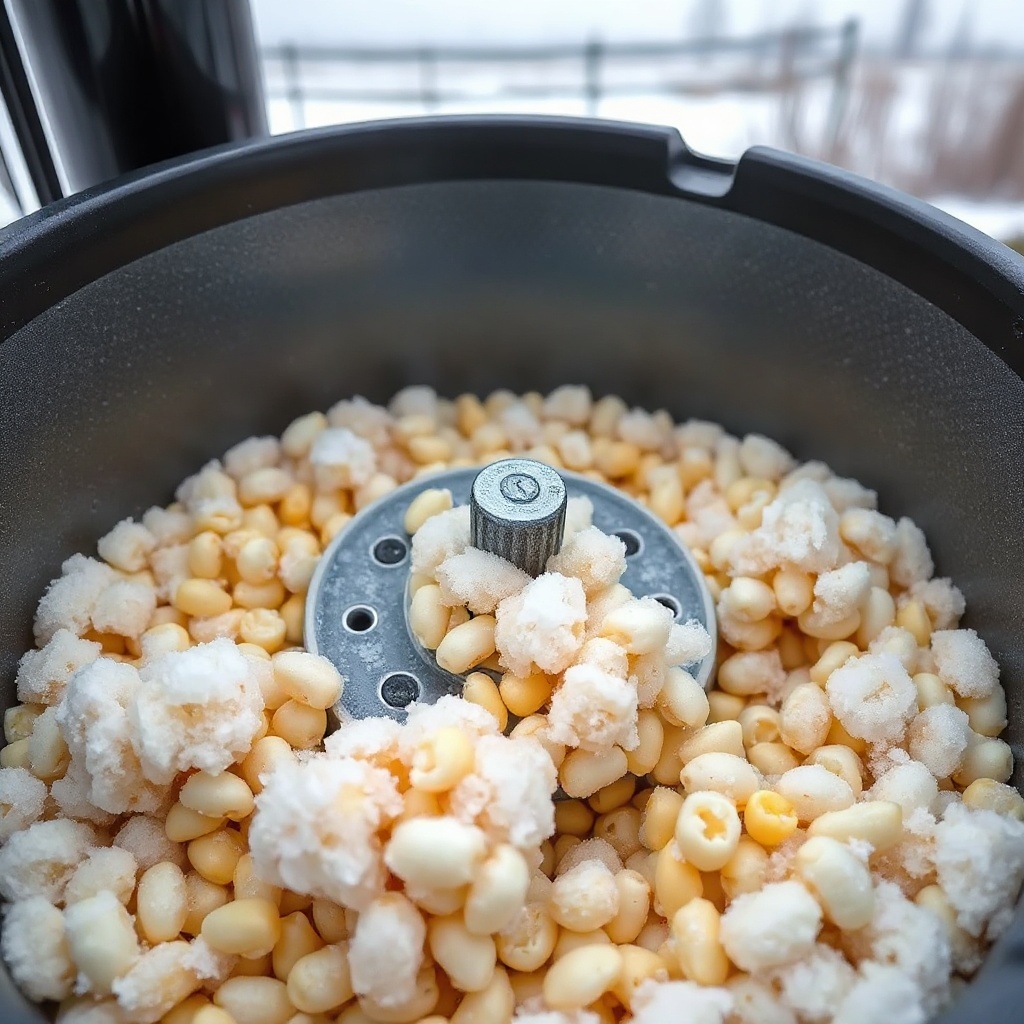 A photorealistic close-up of frozen corn kernels inside the BuckGuide 300lb Spin-Cast Feed
