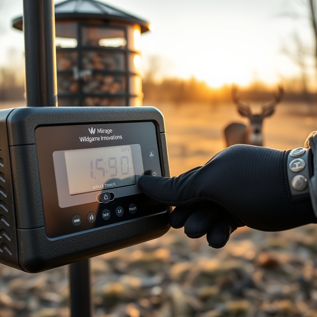 A close-up photorealistic photo of a Wildgame Innovations Mirage 200lb digital timer panel