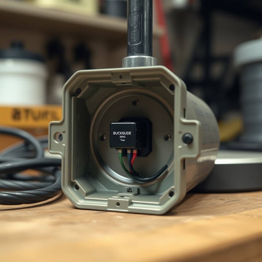 A clean photorealistic close-up of a BuckGuide 300lb Spin-Cast Feeder timer housing opened