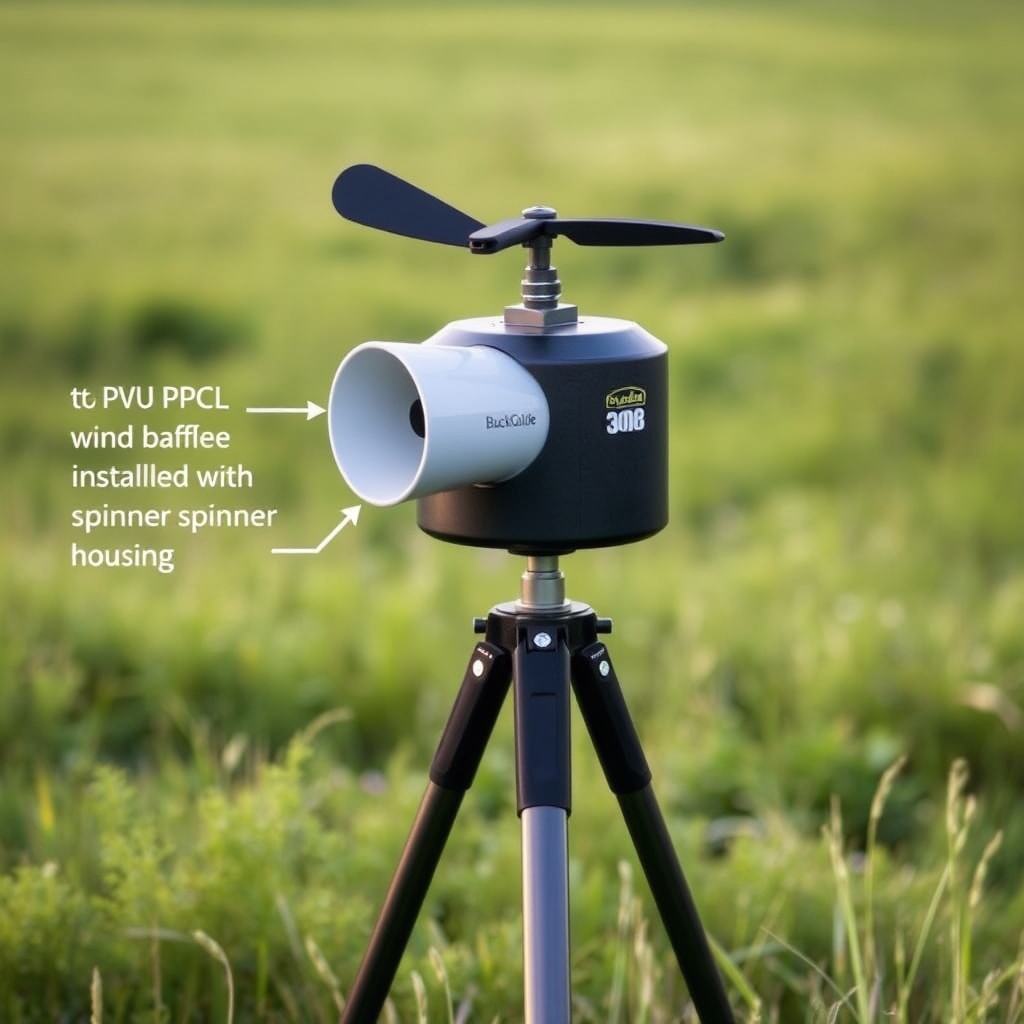A clean photorealistic shot of a BuckGuide 300lb feeder on a steel tripod in a grassy fiel