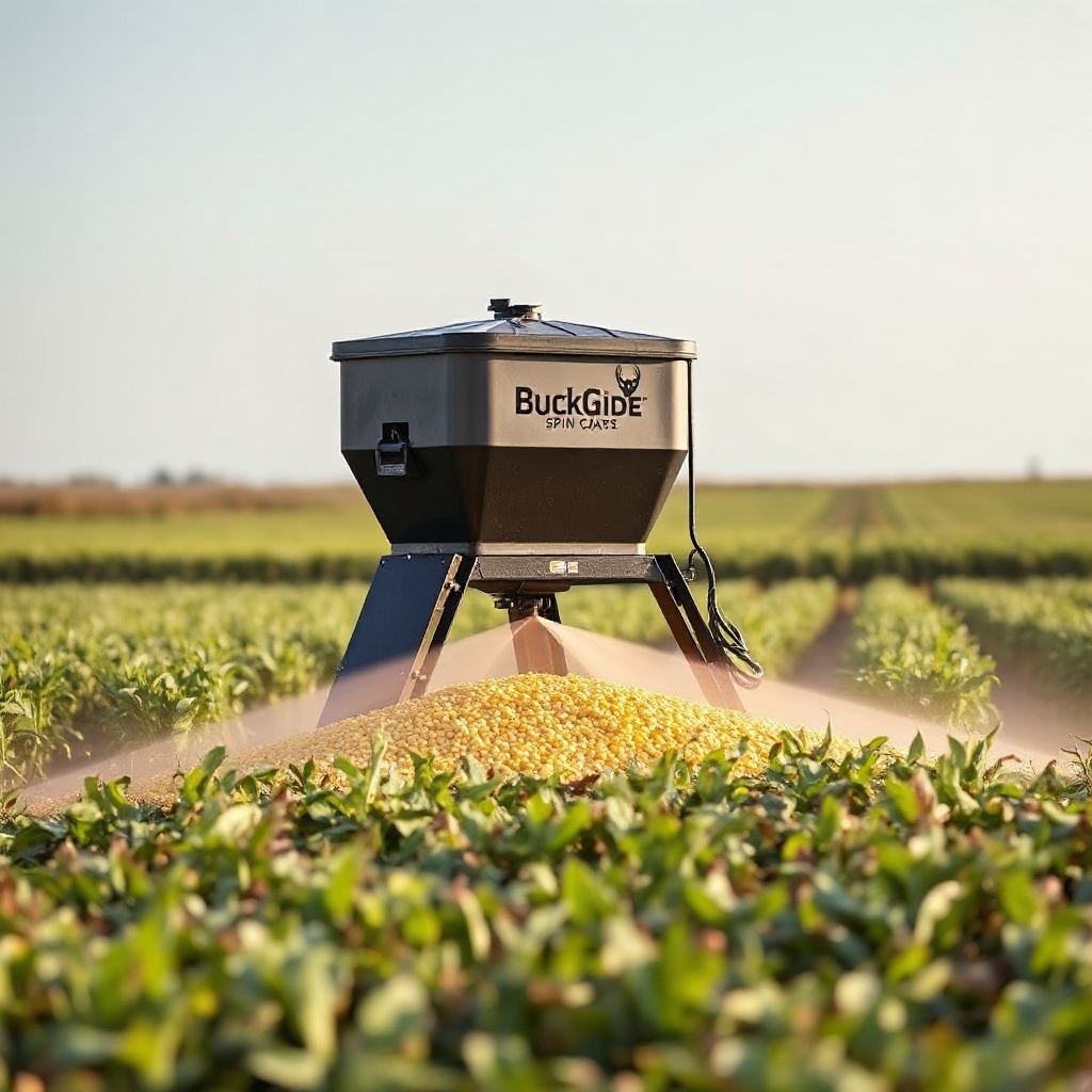 <clean photorealistic photo of a BuckGuide 300lb Spin-Cast Feeder in an open field with wi