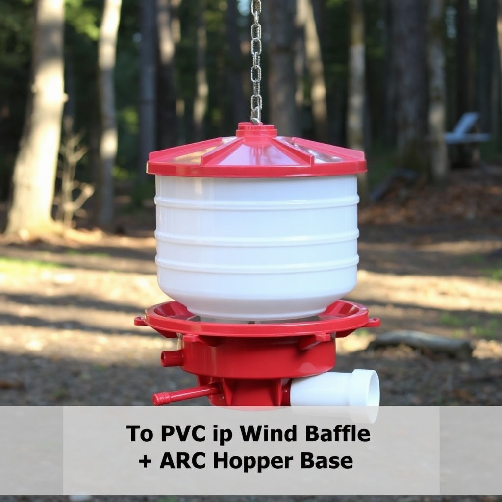 <clean photorealistic photo of a BuckGuide 300lb Spin-Cast Feeder with a PVC wind baffle i