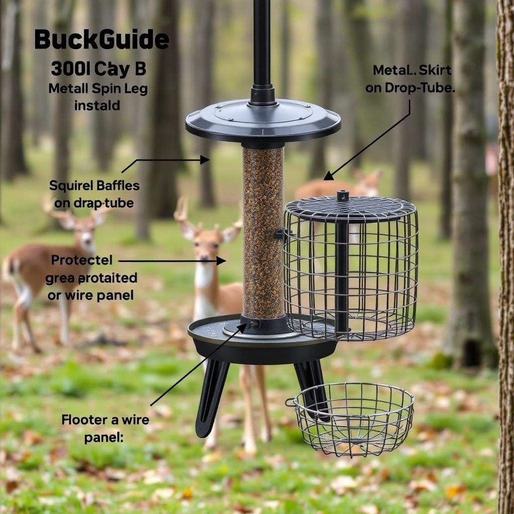 A photorealistic illustration of a BuckGuide 300lb Spin-Cast Feeder with metal leg skirts