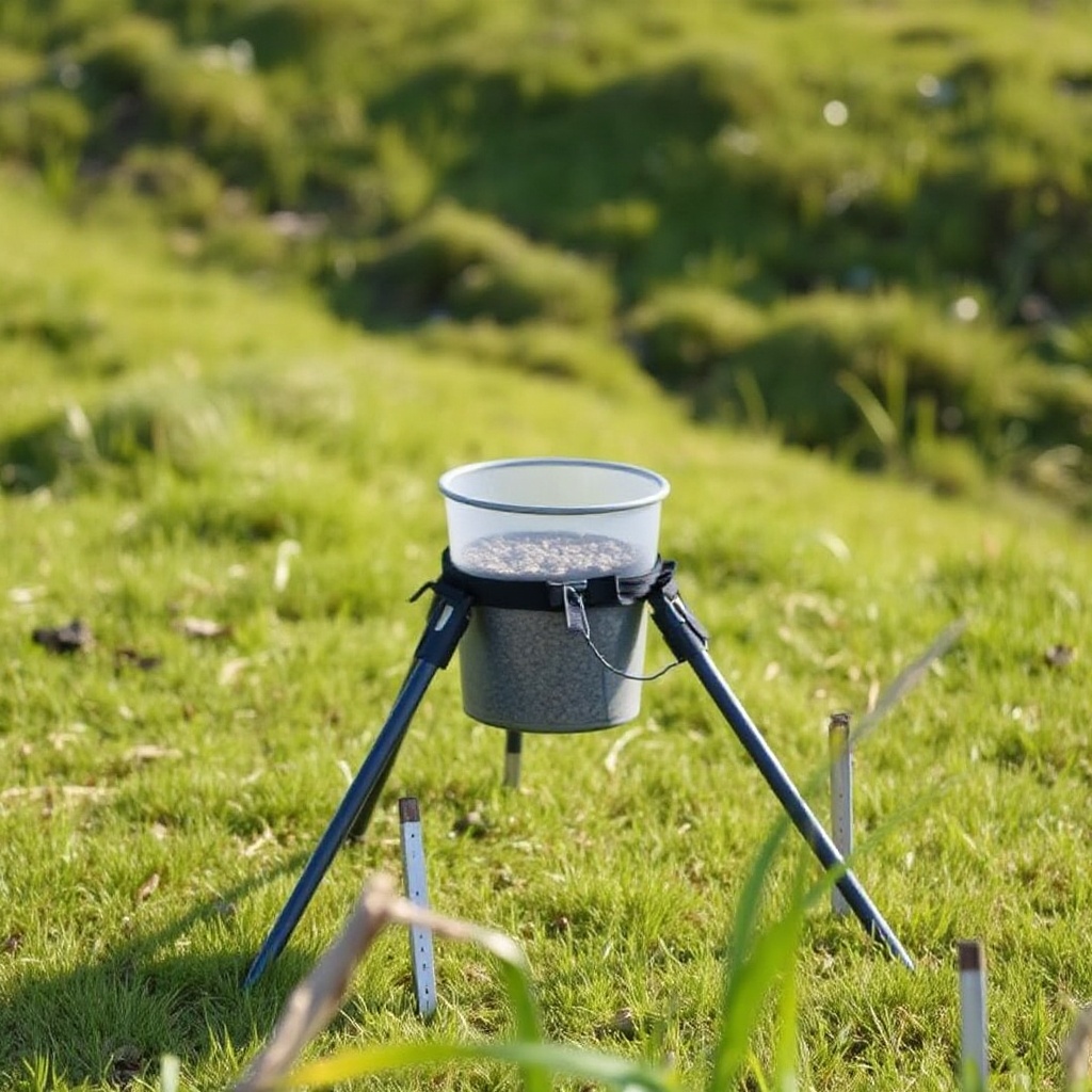 A photorealistic outdoor photo of a Wildgame Innovations Mirage 200lb feeder with three le